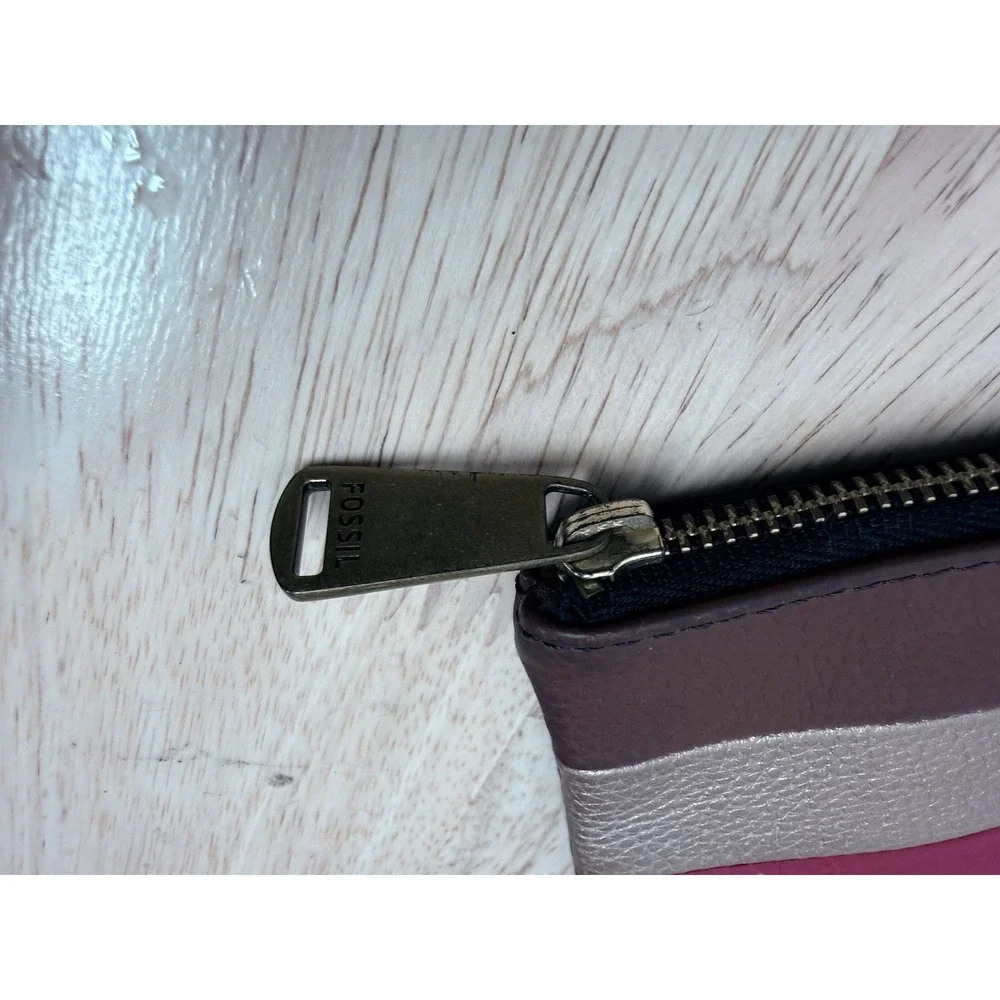 Fossil Leather Zip Pouch Clutch Colorblock Brown Pink Cosmetic Bag‎  #66